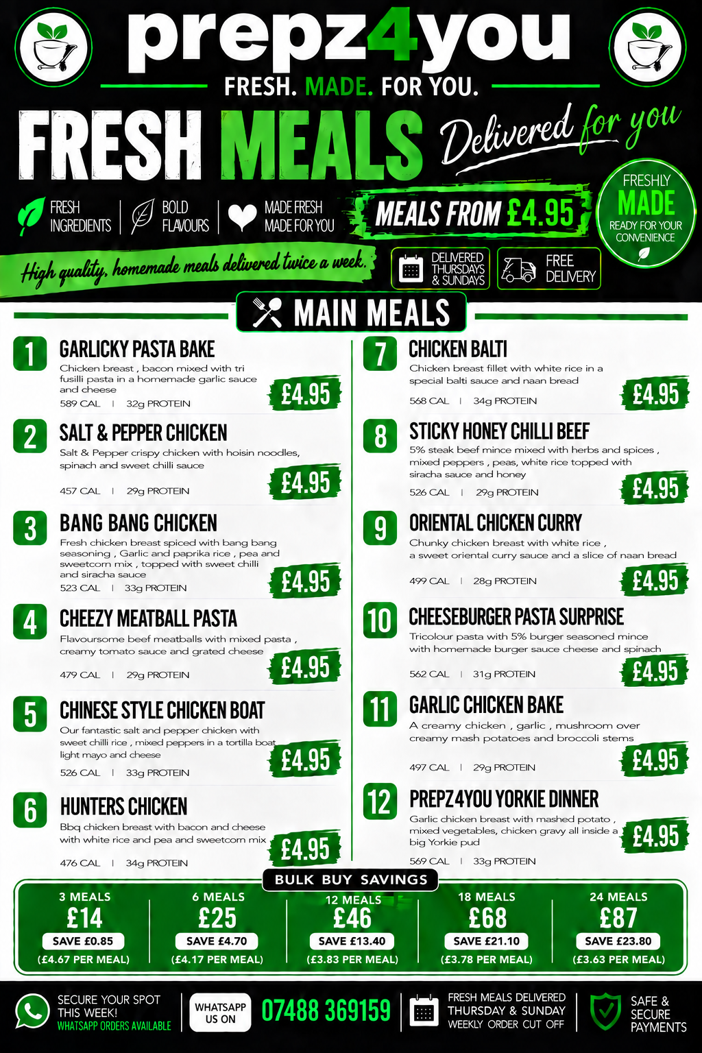 prepz4you — fresh meals delivered for you: this week's 12 main meals menu with prices and bulk buy savings